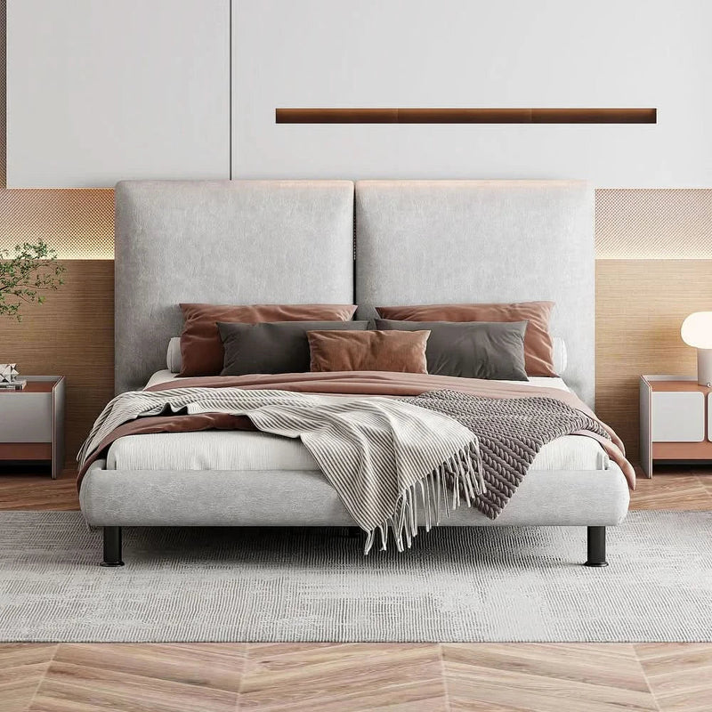 Queen Size Upholstered Platform Bed with Two Large Headrests and Thick Polyester Fabric for Master Bedrooms