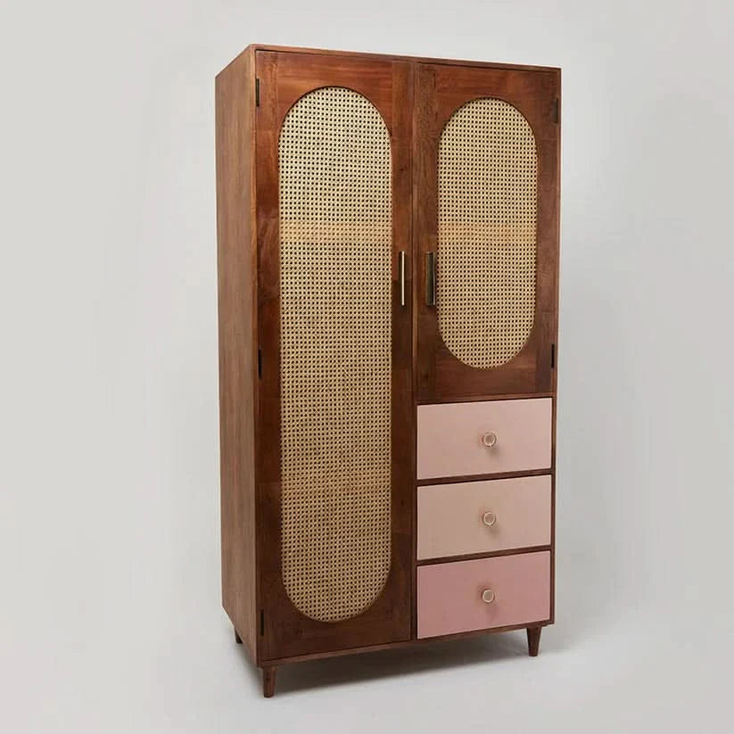 Kiwian Rattan Solid Wood Wardrobe - Craft Decor