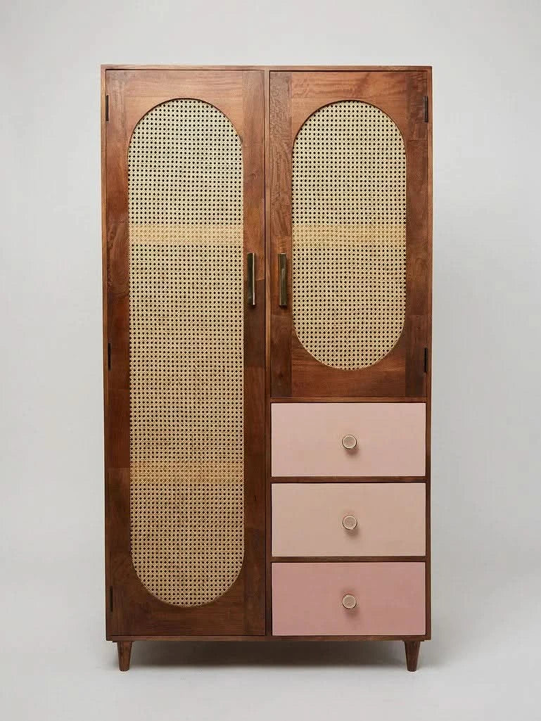 Kiwian Rattan Solid Wood Wardrobe - Craft Decor