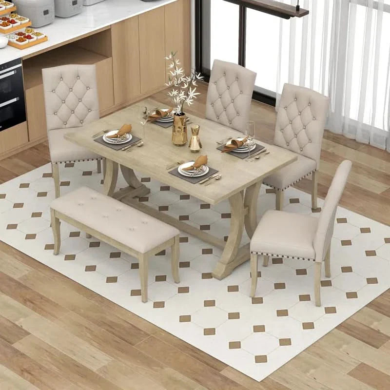 Danlshit 6 Seater Farmhouse Dining Set with Trestle Table, Upholstered Chairs, and Bench
