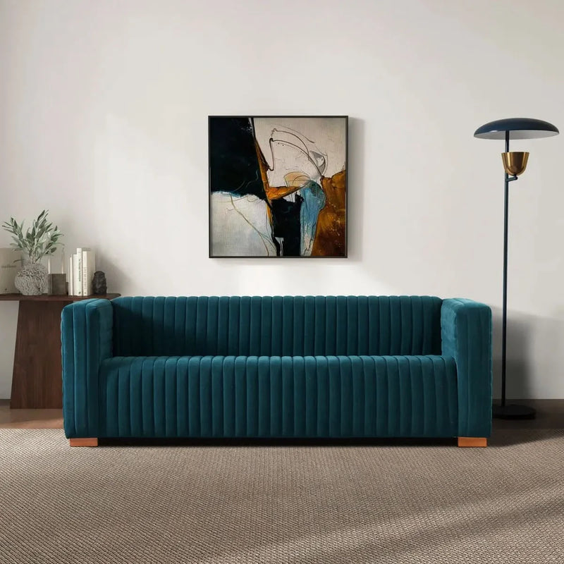 Mid-Century Modern Velvet Channel Tufted 3-Seater Sofa