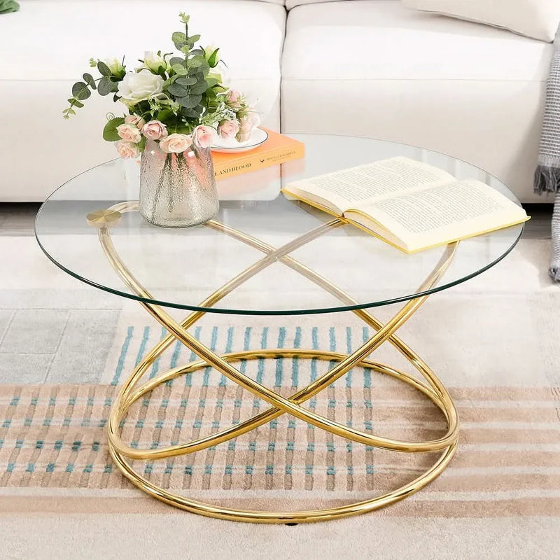 Saorn Tempered Glass Top Round Coffee Table with Metal Base - Craft Decor
