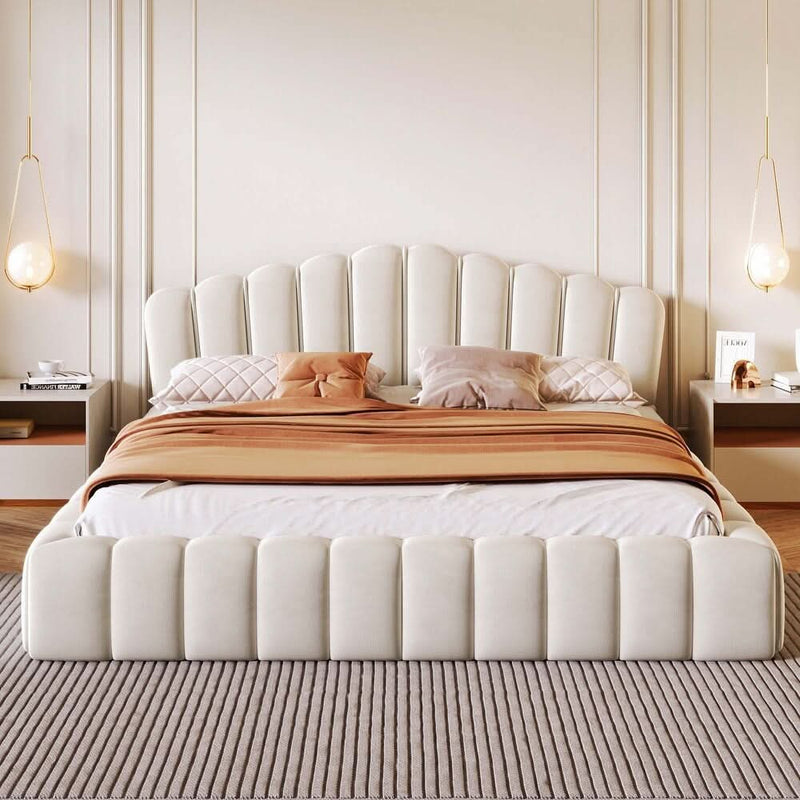 Siaant Velvet Upholstered Queen Bed Frame Shell-Shaped Headboard for Bedroom