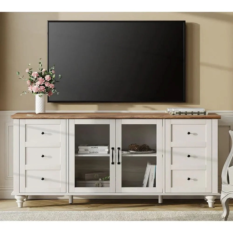 Razin Glass Door Farmhouse TV Stand for TVs Up to 75 inch, Wood Universal TV Console Table with 4 Storage Cabinets - White