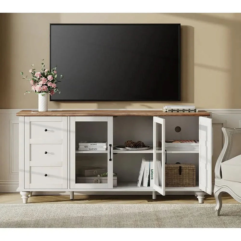 Razin Glass Door Farmhouse TV Stand for TVs Up to 75 inch, Wood Universal TV Console Table with 4 Storage Cabinets - White