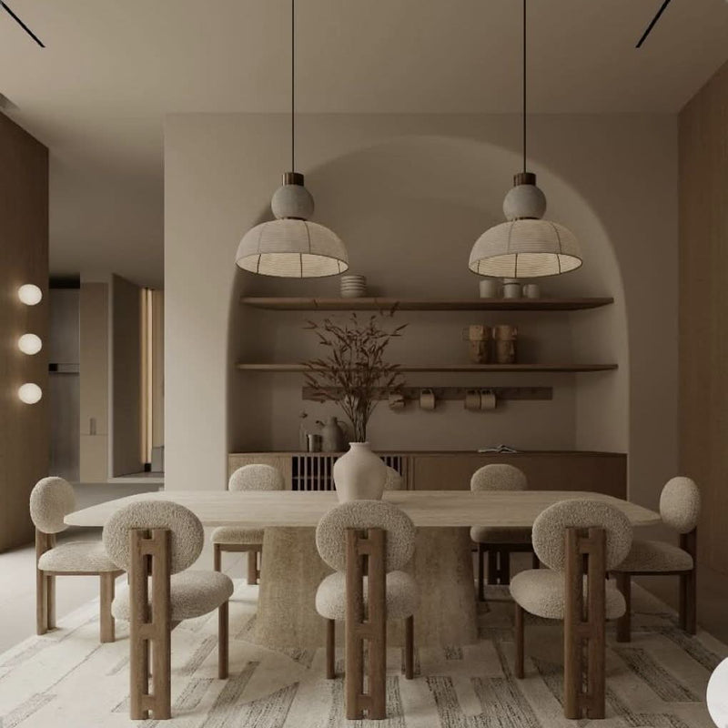 Hax Contemporary 8 Seater Dining Set with Bouclé Chairs & Natural Stone-Top finish Table
