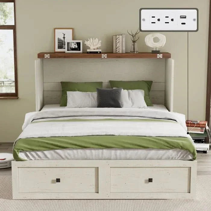 Farmhouse Murphy Bed, Large Storage Drawer & Charging Station