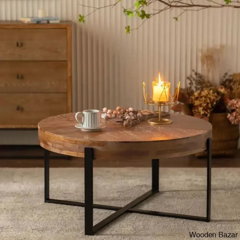 Abbiss Floor Shelf Coffee Table Round Wood With Cross Metal Base and center table