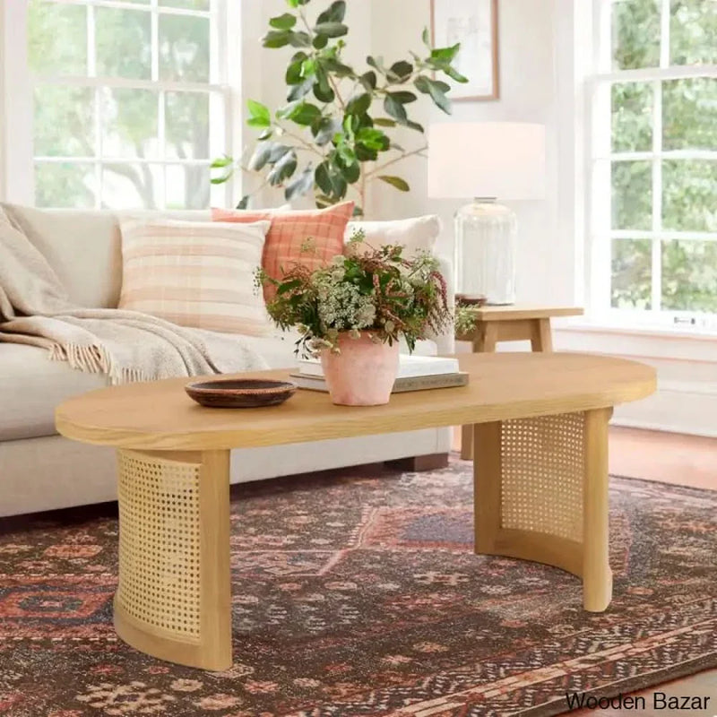 Antowiney 48" Oval Solid White Oak Rattan Coffee and center Table