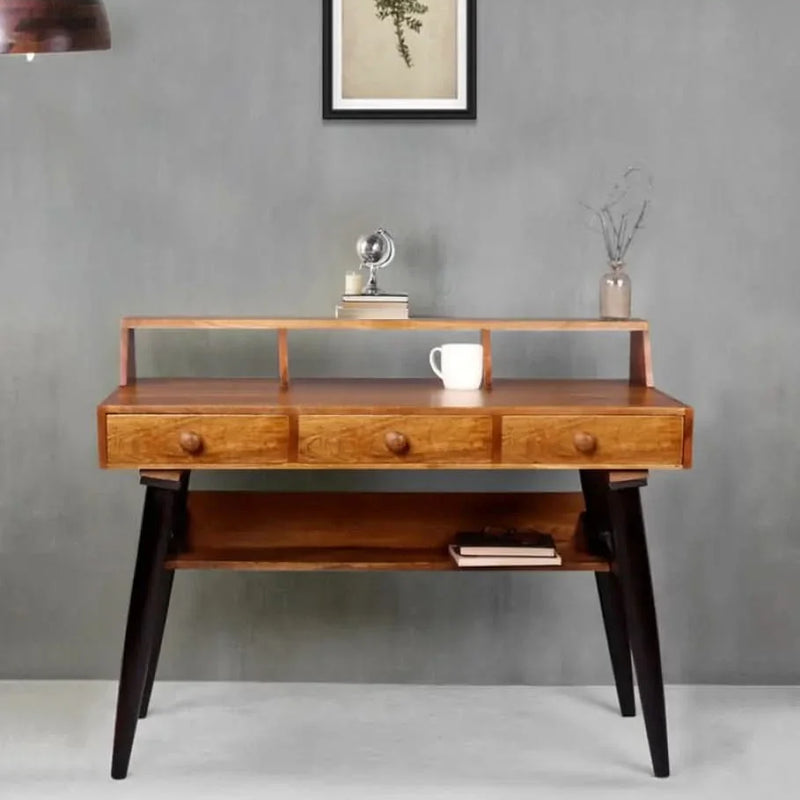 Austin Study Table With 3 Drawers In Teak & Black Finish