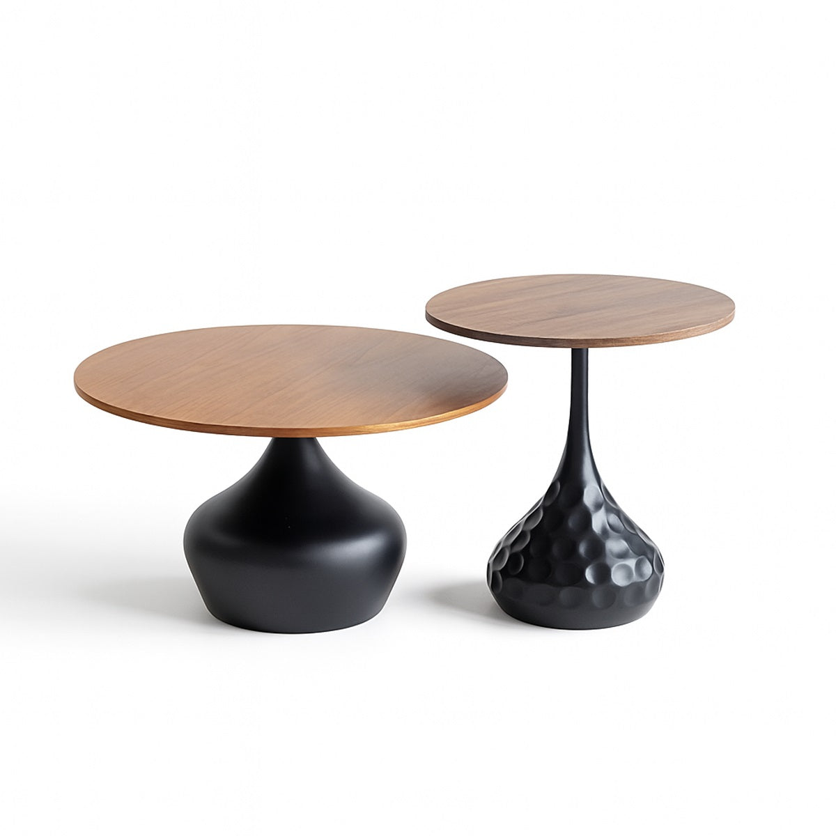 Modern Round Side Table with Wooden Top & Sculpted Black Pedestal Base