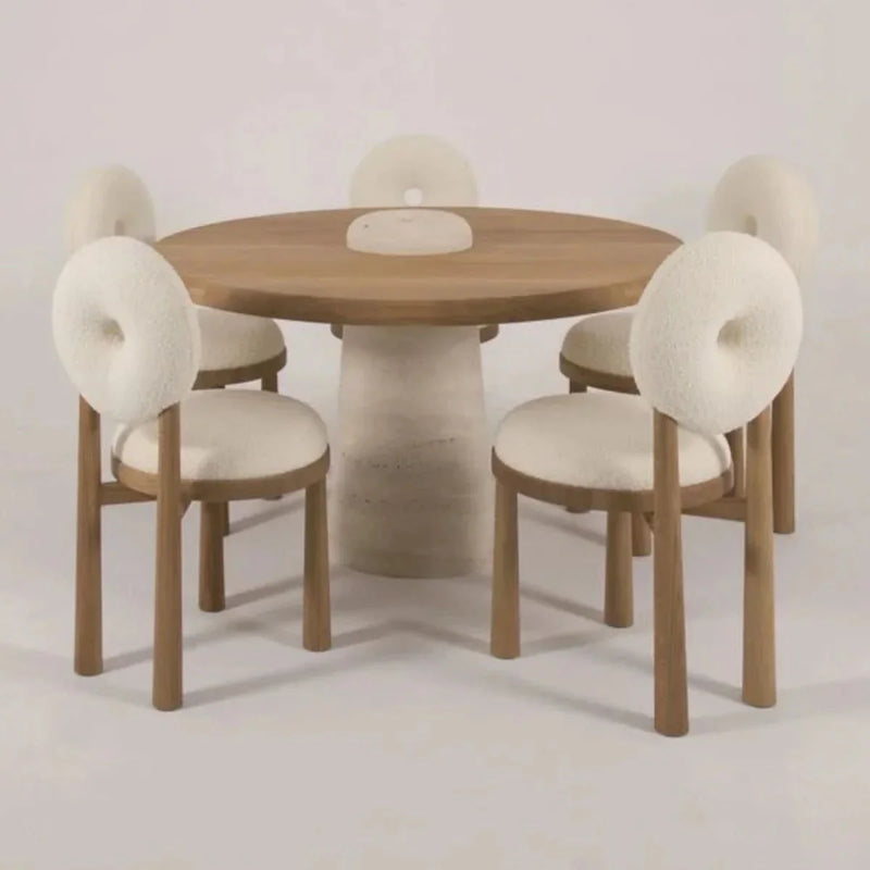 Sevik 4 Seater Oak Wood Dining Table Natural Stone & Chair - Craft Decor
