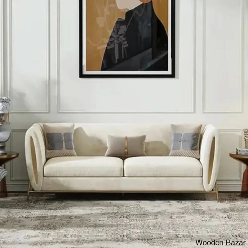 Beige Velvet Upholstered Sofa 3-Seater Sofa Luxury Sofa Solid Wood Frame with Gold Legs