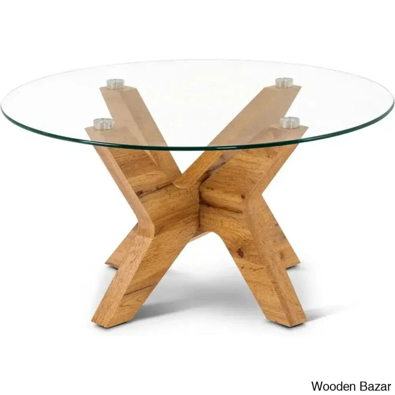 Cambridgeshirzen Round Coffee and center Tables with Natural Wood Frame and Tempered Glass Top Center Table