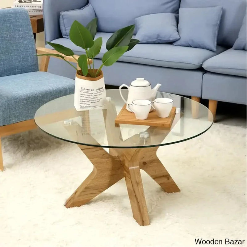 Cambridgeshirzen Round Coffee and center Tables with Natural Wood Frame and Tempered Glass Top Center Table