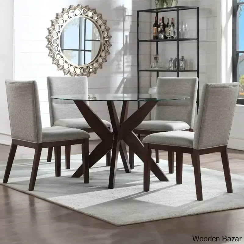 Caron 4 Seater Glass Top Pedestal Dining Set - Craft Decor Walnut Brown