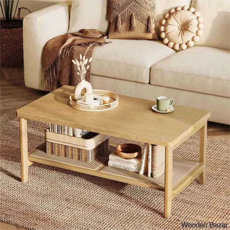 Coffee and center Table with PVC Rattan Storage Shelf