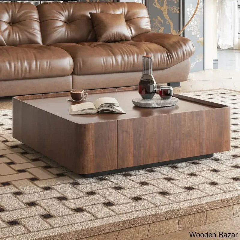 Collier Walnut Square Coffee Table with Storage Drawers for Living Room and Home Office center table