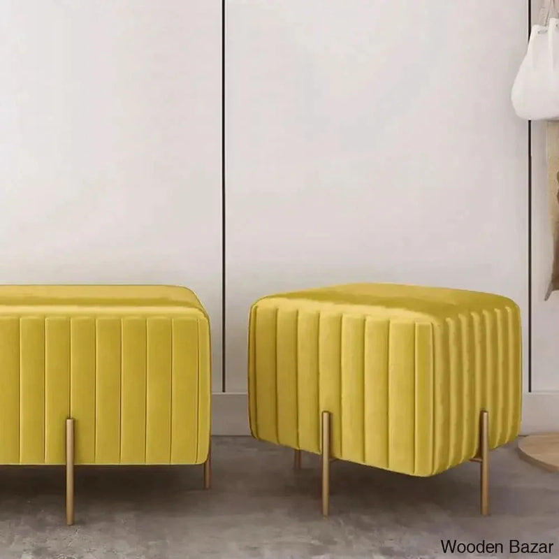 Contemporary Square Pouf Ottoman Upholstered Velvet Ottoman Footrest in Yellow