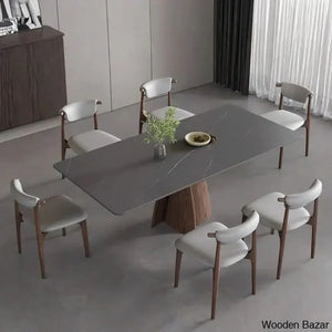 Daelen 6 Seater Stone Top Pedestal Dining Set - Craft Decor 29.5’’H X 63’’L 31.5’’W /