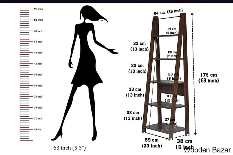 DeckUp Reno Engineered Wood Ladder Book Shelf and Display Unit (Walnut, Matte Finish)
