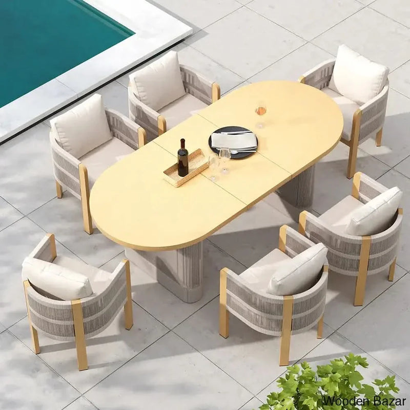 Delsie 6 Seater Aluminium Outdoor Dining Table Set With extendable Table And Wooven Arm Chair