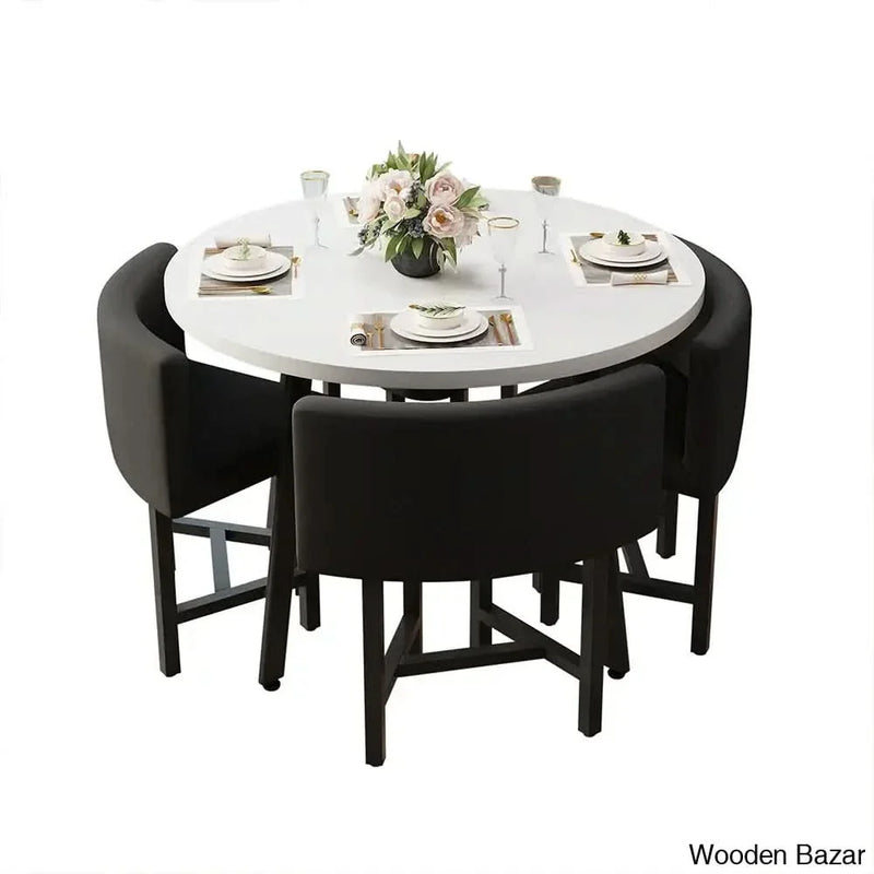 Devon Cozy 40" Round Wooden Dining Table Set with Blue Upholstered Chairs