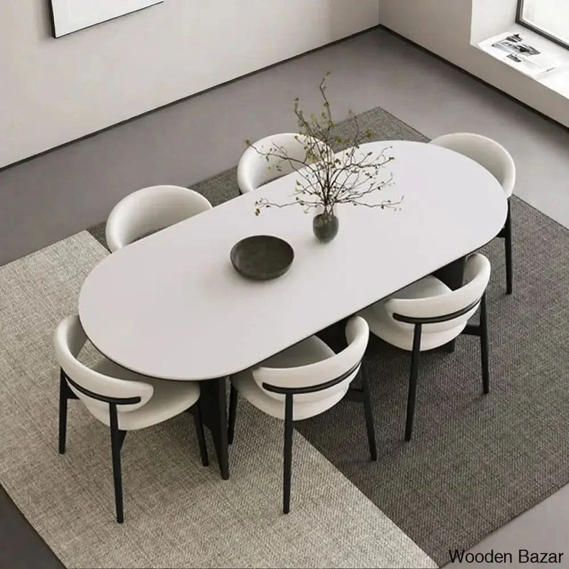 Elegant Oval Pure White Rock Slab Dining Table Set