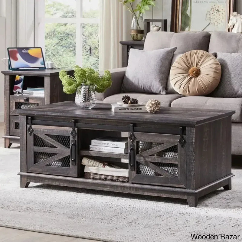 Emryis 48" Farmhouse Coffee and center Table with Storage and sliding Barn Doors for Living Meeting Room