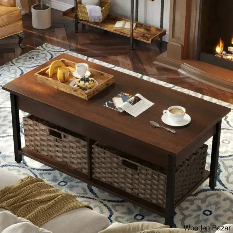Eogihan Lift Top Coffee and center Table with Hidden Storage Compartment and 2 Rattan Baskets