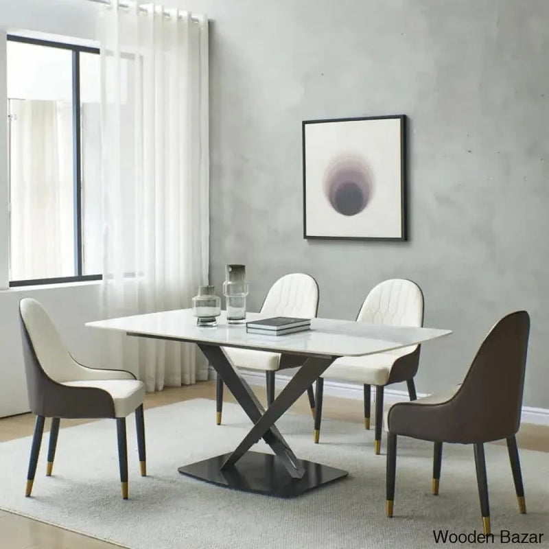 Erish New 4 Seater Dining Table Set in Marble Top Pedestal