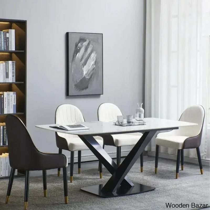Erish New 4 Seater Dining Table Set in Marble Top Pedestal