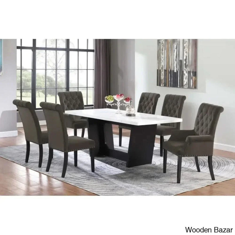 Ethan New 6 Seater Trestle Dining Table Set in Marble Top
