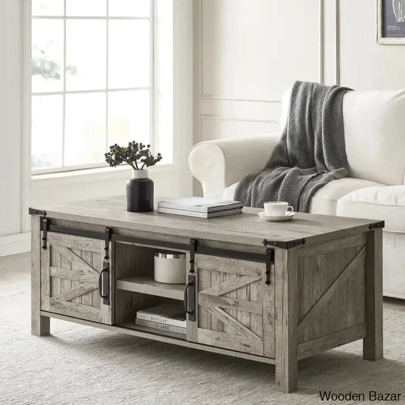 Farmyhousie 48" Coffee and center Table with Sliding Barn Door and Adjustable Shelf