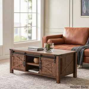 Farmyhousie 48’’ Coffee And Center Table With Sliding Barn Door Adjustable Shelf Rustic Brown