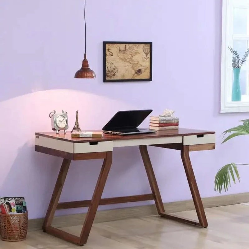 Futura Solid Wood Study Table in White on Rustic Teak Finish