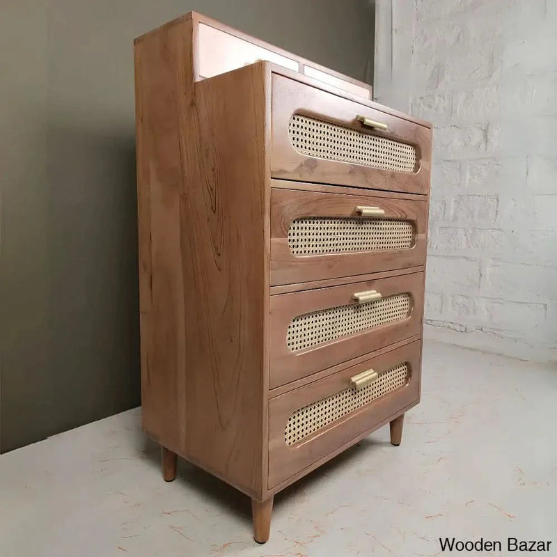 Gilda Elevated Lifestyle Solid Wood Rattan Cane 4 Chest of Drawers