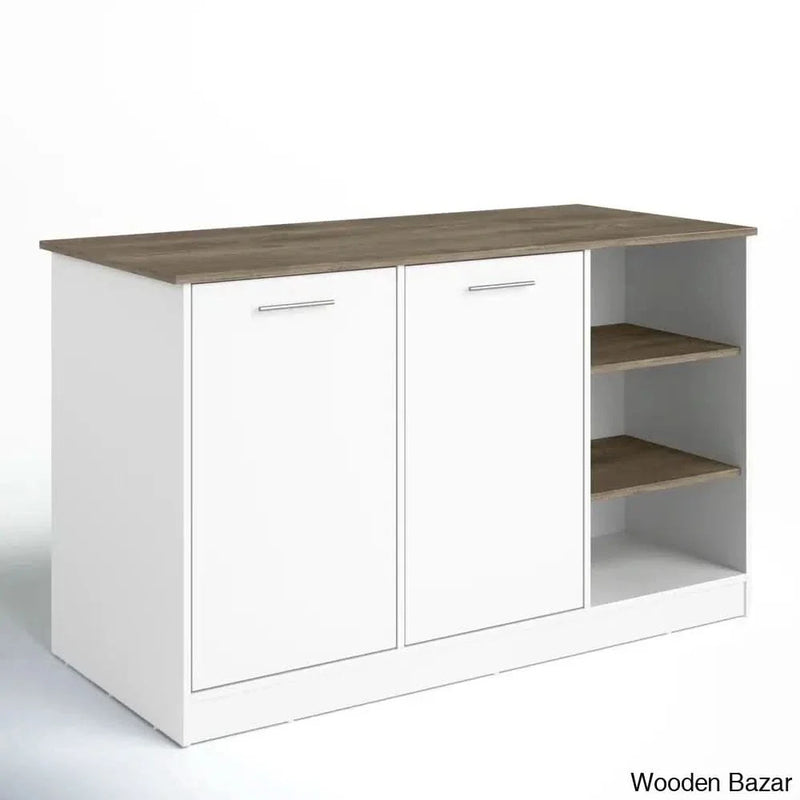 Ginger 59-inch Wide Kitchen Island with 3 Open Shelves and 2 Cabinets, White / Dark Brown Kitchen trolley cart cabinet kitchen island with storage