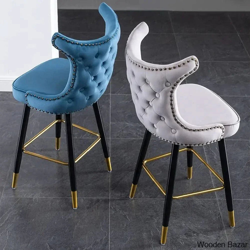 Gray Counter Height Bar Stool Velvet Upholstery with Tufted Back (Set of 2)