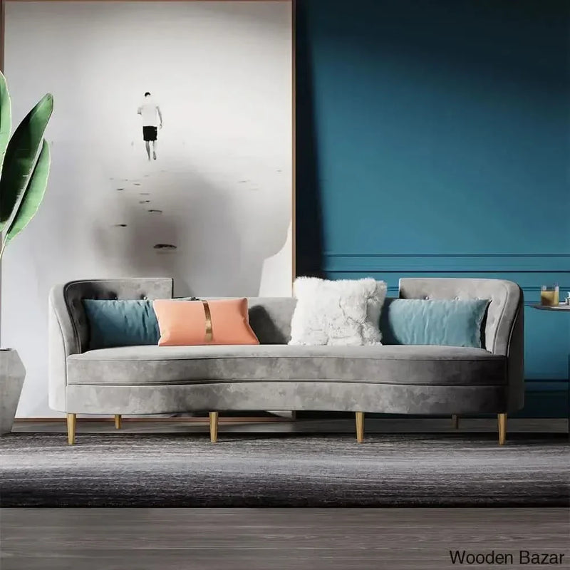 Gray Velvet  4-Seater Sofa with Gold Legs & Solid Wood Frame