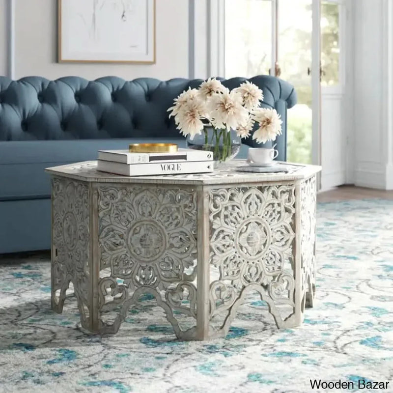 Guillermo Wood Intricately Made Carved Floral Coffee and center Table w/ Hollow Interior
