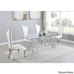 Harrisonn 4 Seater Luxury Glass Top Double Pedestal Dining Set White