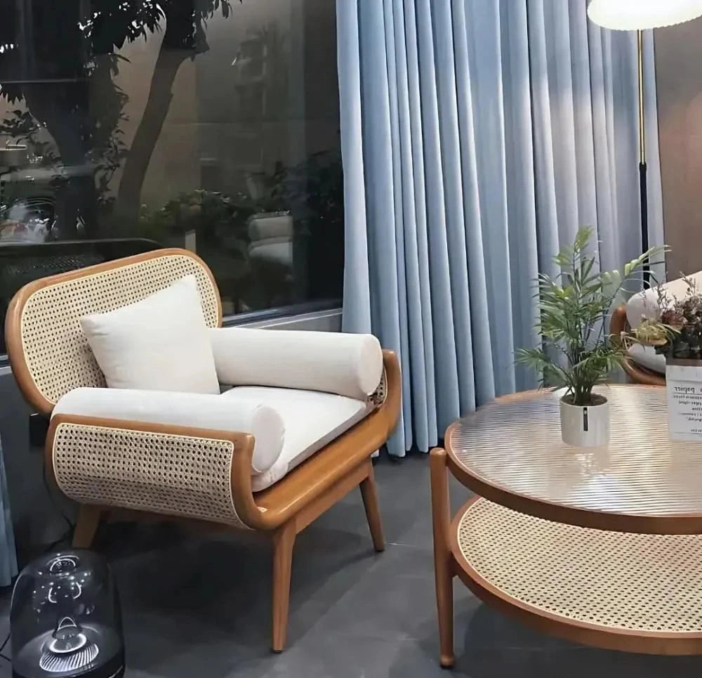 Hasina Solid Wood Sofa With Natural Rattan Inspired Living Meets Timeless Craftsmanship 1 Seater