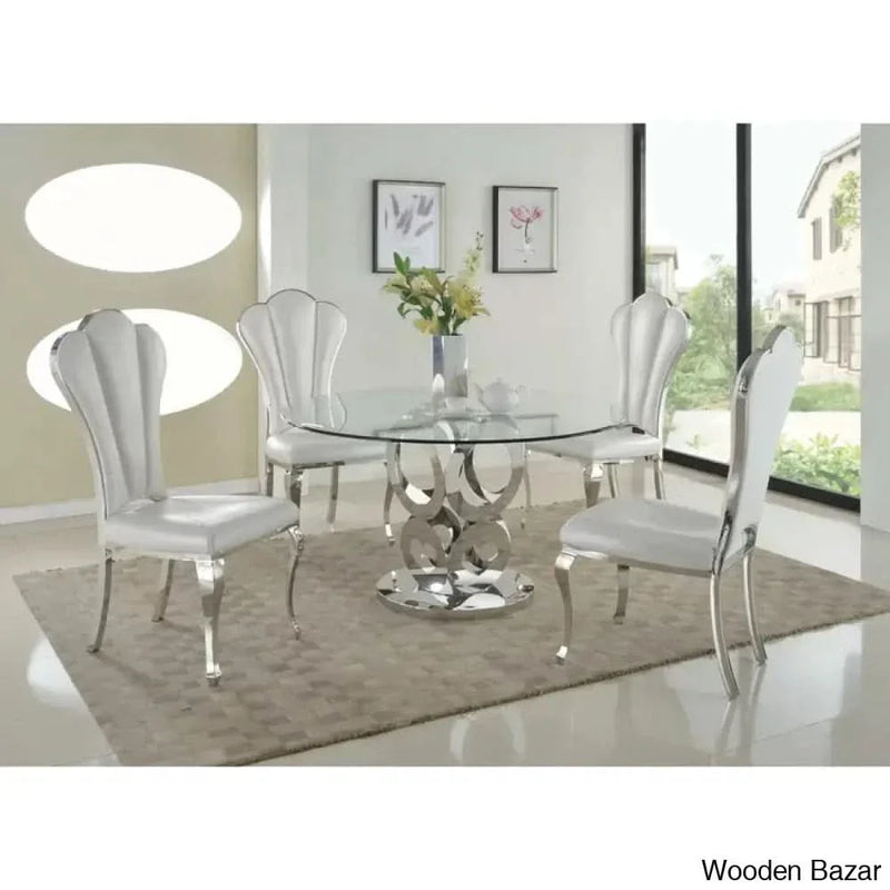 Heena Luxury 4 Seater  Glass Top Pedestal Dining Set