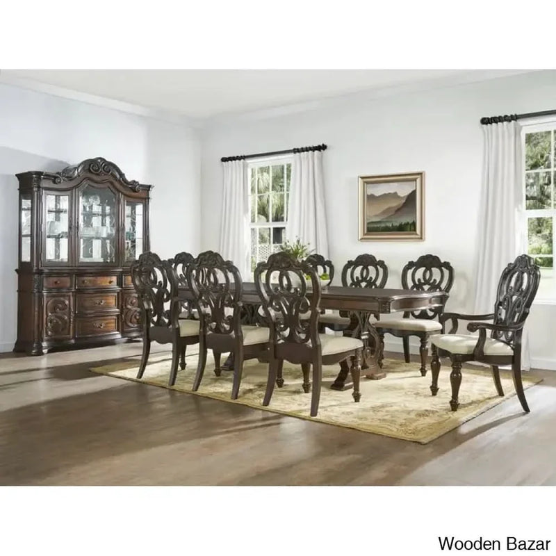 Homie Extendable 9 Piece Dining Set With Double Pedestal And Solid Wood Top