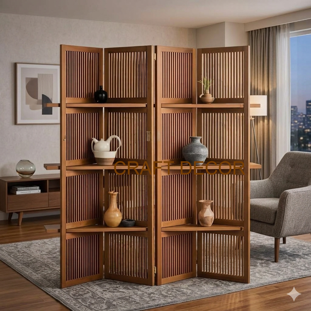 Wooden Partition Divider with Shelves for Living Room