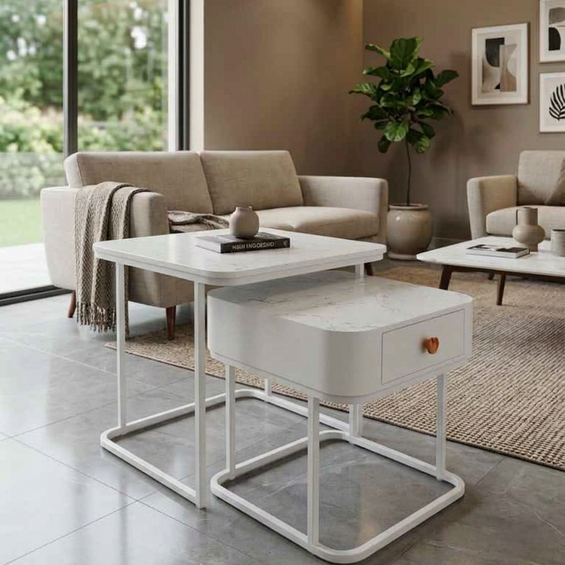 CRAFT DECOR Metal Frame 20X20 Square Set of 2 Coffee Tables, Stacking Center Tables with Minimalist Marbles Look and Storage Drawer for Living Room / Offices / Restaurant