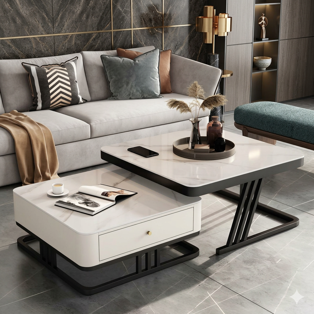 CRAFT DECOR Modest Marbled Finish Square Coffee Table Set of 2 Nesting Stacking Tea Tables Luxury Sofa Center Table with Wooden Drawer and Gold Metal Frame for Living Room Bedroom