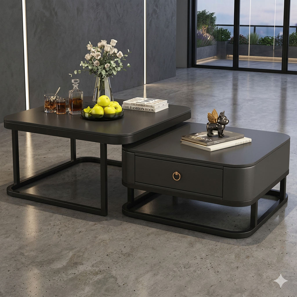 CRAFT DECOR Metal Frame 20X20 Square Set of 2 Coffee Tables, Stacking Center Tables with Minimalist Marbles Look and Storage Drawer for Living Room / Offices / Restaurant