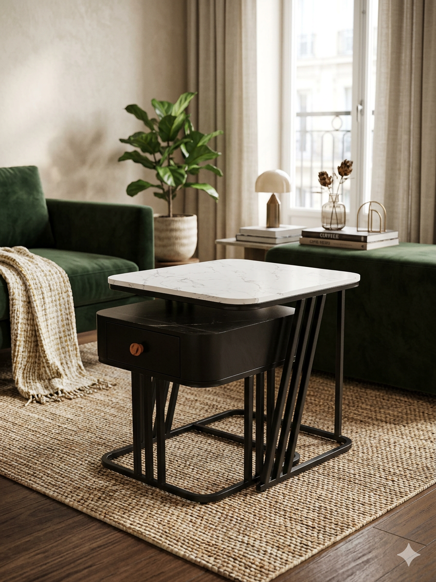 CRAFT DECOR Modest Marbled Finish Square Coffee Table Set of 2 Nesting Stacking Tea Tables Luxury Sofa Center Table with Wooden Drawer and Gold Metal Frame for Living Room Bedroom